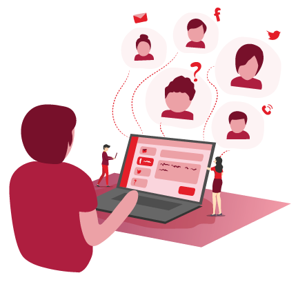 Support agent at a laptop handling customer questions arriving from email, chat and social channels