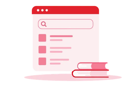 Help center article search page next to a stack of books