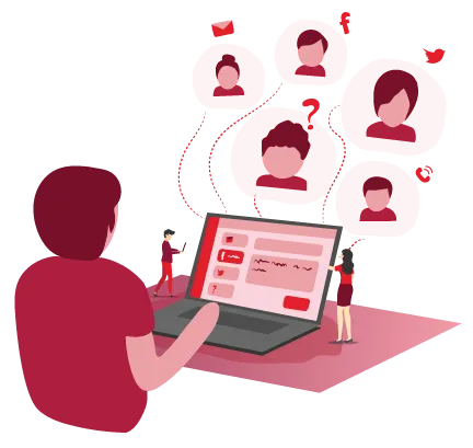 Support agent at a laptop handling customer questions arriving from email, chat and social channels